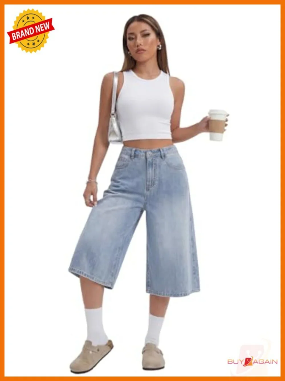 Women's Low Rise Wide Leg Baggy Denim Bermuda Shorts with Pockets